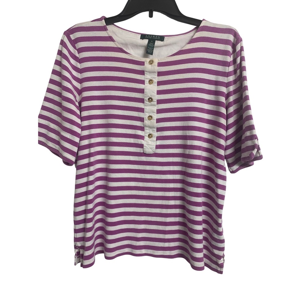Lauren Ralph Lauren Purple‎ Striped Cotton Henley Short Sleeve Top XL